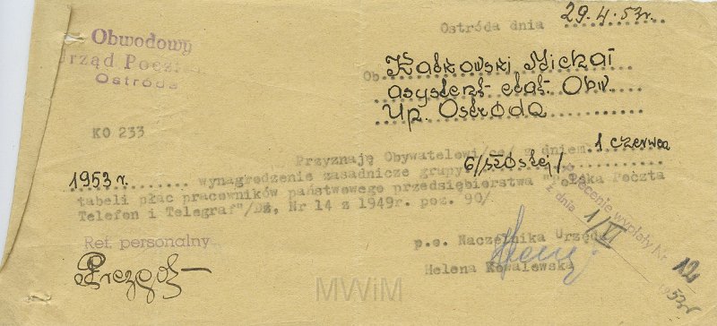 KKE 5589.jpg - Dok. Pismo z Obwodowego Urzędu Pocztowego w Ostródzie do Michała Katkowskiego dotyczące wynagrodzenia zasadniczego, Ostróda, 29 IV 1953 r.